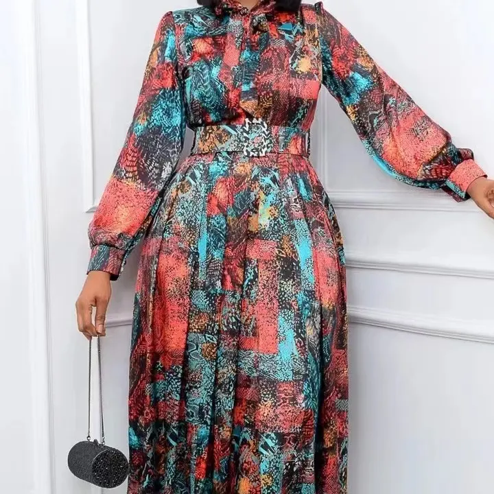 Women Printed A Line Dresses Long Lantern Sleeves With Bowtie Vintage Retro Pleated Modest African Ladies Spring Classy Elegant
