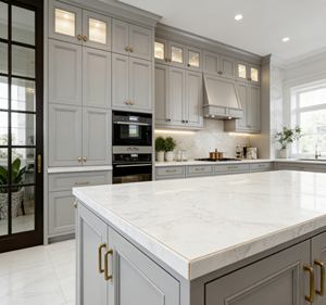 Juego de Muebles de Cocina Modernos en Gris Mate - Herrajes de Latón y Diseño de Isla, Almacenamiento Multizona de Lujo para Hogares Elegantes - Product Image 5