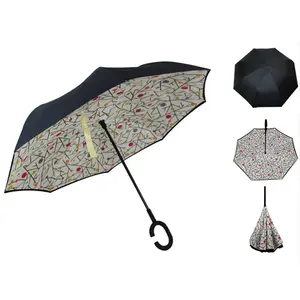 최신 방풍 더블 레이어, C-핸들 사용자 정의 로고 거꾸로 우산/