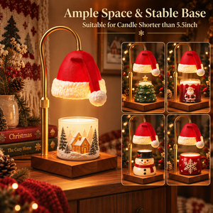 Lampada Scaldacera Natalizia con Paralume a Cappello di Babbo Natale, Braccio Arcuato Dorato, Base in Legno, Timer, Dimmer, Decorazione - Product Image 3