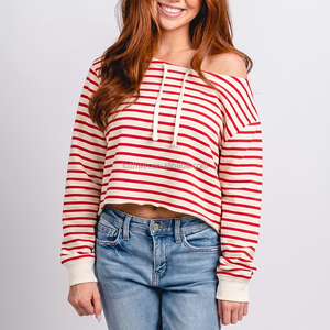 Felpa Corta da Donna a Righe Rosse e Bianche con Spalle Scoperte e Coulisse, Manica Lunga, Casual, Personalizzabile, Taglie Forti - Product Image 1