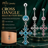 Piercing de Ombligo Colgante Cruzado de Acero Inoxidable 316L, Estilo Gótico con Circonitas Pavé, Barra para Ombligo con Acabado Pulido Espejo, 3 Opciones de Color