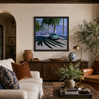 Pintura al Óleo Vintage de Carretera con Palmeras junto al Lago, Cuadro Retro con Marco de Madera Negra, Arte Escénico para Decoración de Salón de Hotel/Villa
