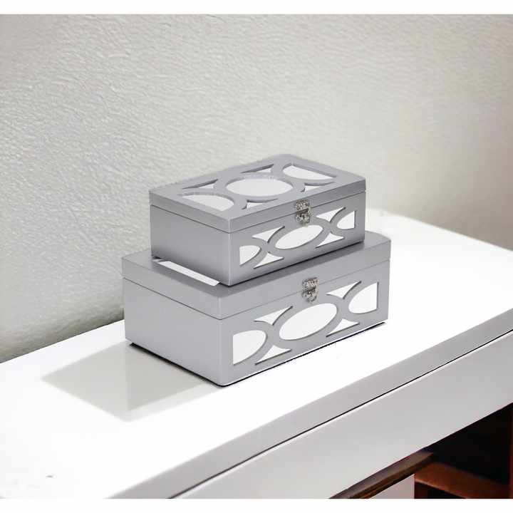 Set of Two Silver Oval Scroll Mirror Jewelry Storage Boxes HMS Design