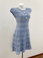Robe Chic Décontractée en Tweed à Carreaux 2026 avec Col en Dentelle, Manches Courtes, Boutons sur le Devant, Jupe Évasée Coupe A, Longueur Genou, Robe Midi Élégante pour Femme