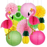 Kit de Décoration Anniversaire Tropical Flamant Rose : Éventails en Papier, Lanternes, Pompons, Guirlandes Nid d'Abeille pour Fêtes Hawaïennes Luau et d'Été
