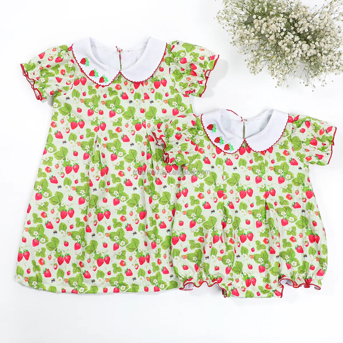 Nueva llegada verano niños ropa personalizada fresas bordado puff manga bebé vestido verano niño niña vestido