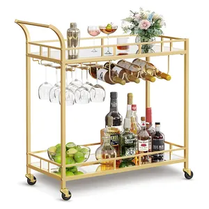 Bar Cart Gold Home Bar Serving Cart Wine Cart with 2 Mirrored Shelves Wine Holders