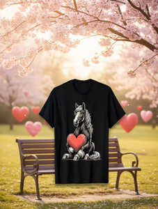 T-shirt da uomo per San Valentino, con stampa digitale di cavallo e cuore rosso, nera, vestibilità ampia, casual, a maniche corte, girocollo, in jersey - Product Image 2