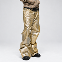 DiZNEW High Street Men Gold Chrome Waxed Jeans Heavyweight Panelled Baggy Stacked Denim Trousers Darkwear Outfit OEM