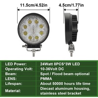 Luz de trabajo LED de 24W con haz puntual/difuso, 12V 24V, todoterreno, para camión, tractor, barco, coche, SUV, ATV, luces IP68 impermeables