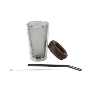 Gobelet en verre à double paroi avec paille, résistant à la chaleur, en borosilicate, avec couvercle en noyer et brosse de nettoyage - Product Image 4
