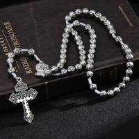 Collier chapelet Saint-Michel en argent vieilli vintage, perles rondes croix punk hip-hop, cordon blanc pour femmes et hommes