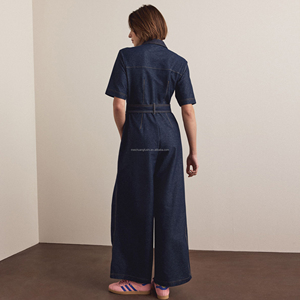 Combinaison en jean personnalisée pour femme avec col chemise, fermeture éclair frontale, ceinture et <span class=keywords><strong>pantalon</strong></span> <span class=keywords><strong>large</strong></span> - Product Image 3