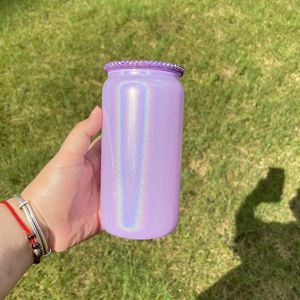 Bouteille en verre holographique 15oz 16oz blanc scintillant avec couvercle en plastique orné de strass pour sublimation - Product Image 2