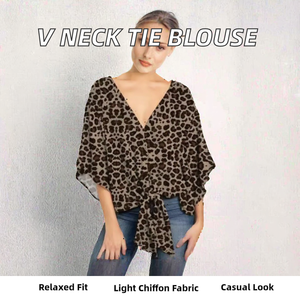 Women Leopard Print V Neck Tie Front Blouse 3/4 Sleeve <b>Chiffon</b> Loose Casual Daily Wear - Product Image 2