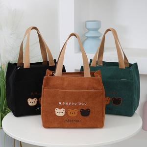 Bolso tote de lona y pana de moda para mujer, mini bolso de mano con oso bordado, lindo bolso de almuerzo con estampado Happy Day y cierre de cremallera, 6 pulgadas - Product Image 3