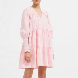 Top Quality Pink Dress Plaid Shirt Dress Womens Oversized Fit Gingham Linen Cotton Smock Mini Dress