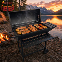 Barbecue extérieur moderne robuste au charbon de bois, en acier émaillé, avec roues et étagères pliantes