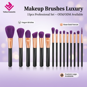 Set de Brochas de <span class=keywords><strong>Maquillaje</strong></span> de Lujo, 15 Piezas, Cerdas Moradas, Mango Negro, Oro Rosa, Logotipo Personalizado, Suaves, Veganas, para Base, Polvo y Ojos, OEM - Product Image 1