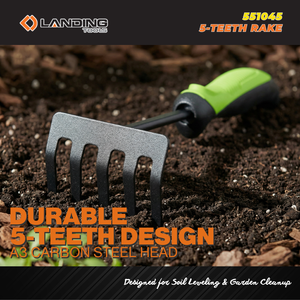 Râteau de jardin 5 dents 551045, outil agricole, tête en acier au carbone, manche ergonomique PP TPR, noir et vert, qualité DIY, OEM - Product Image 3