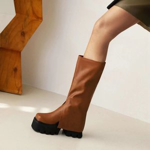 Bottes hautes pour femme automne-hiver à talon épais style western, fermeture éclair, type chaussette - Product Image 3