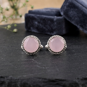 Boutons de manchette Niharika Gems en chalcédoine rose, forme ronde, sertis, en argent sterling 925 plaqué, bijoux unisexes. - Product Image 1