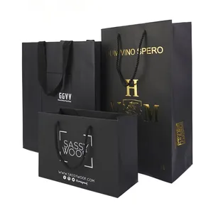 Bolsa de compras de papel negro mate de alta calidad, embalaje de bolsas de papel personalizadas con su propio logotipo