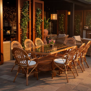 ชุดโต๊ะรับประทานอาหารหวายสไตล์จาวาแบบดั้งเดิม โต๊ะยาว สำหรับบ้าน โรงแรม วิลล่า - Product Image 1