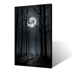Tableau mural sur toile Forêt Nordique Noir et Blanc - Peinture minimaliste de paysage au clair de lune avec silhouette de voyageur isolé - Product Image 3