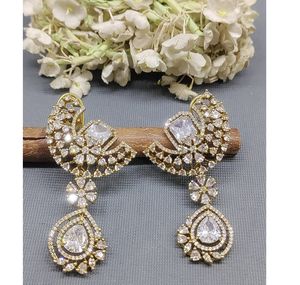 Designer <b>Gold</b> Plated Floral Teardrop CZ American Diamond <b>Earrings</b> Sparkling <b>Dangle</b> <b>Earrings</b> for Women Party Wear Bridal Jewelry - Product Image 1