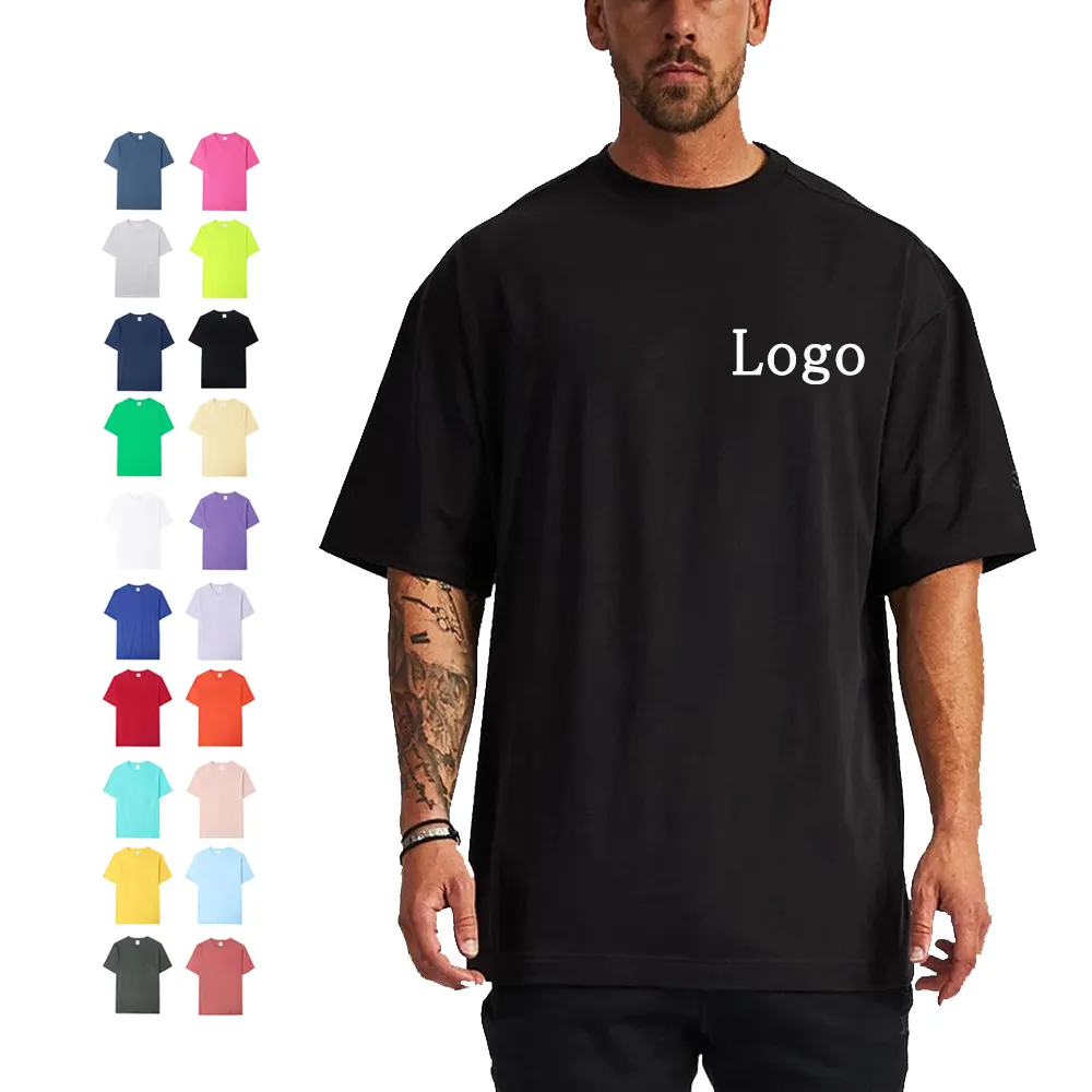 Men White Tee Shirt Custom Unisex Oversized Heavyweight Screen Print Bulk Logo Drop Shoulder Polyester 200Gsm Plain Black Tshirt