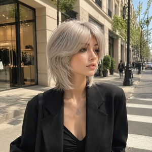 Parrucca da donna grigio argento a strati con taglio a lupo, frangia naturale, capelli sintetici corti per feste - Product Image 1