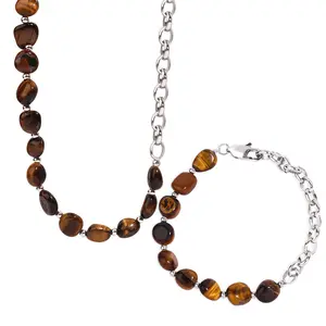 Wholesale Mailard Natural Tiger-eye Stone Necklace and Bracelet Retro Stainless Steel Couple Bracelet and Necklace for Unisex