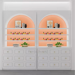Espositore per Smalti in Legno Bianco Lucido su Misura, Moderno con LED Integrati e Cassetto Portaoggetti per Saloni di Bellezza - Product Image 3