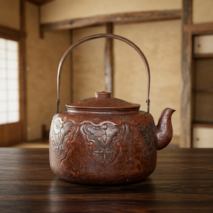 Théière traditionnelle chinoise en métal avec couvercle et poignée en métal, motif floral gaufré rouge brun - Product Image 2