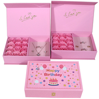 Boîte cadeau d'anniversaire rose en gros avec rose artificielle et plateau de présentation de bijoux, emballage de luxe pour cadeaux féminins