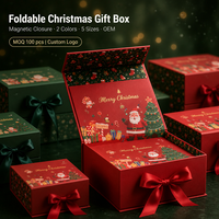 Boîte cadeau pliable de Noël en gros avec fermeture magnétique, nœud en satin, 2 couleurs, 5 tailles, imprimé Père Noël, pour les fêtes, OEM, MOQ 500 pièces