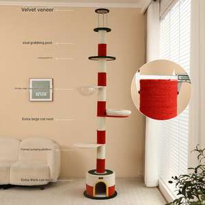Árbol rascador para gatos con rayas rojas y <span class=keywords><strong>crema</strong></span>, poste rascador alto de sisal, casa con cuenco de acrílico transparente y plataformas multinivel para gatos grandes - Product Image 3