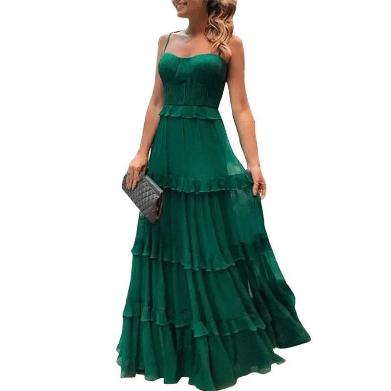 De tul verde Spaghetti Correa mujer elegante vestido de fiesta de noche sin mangas Sexy largo vestidos de volantes plisado verano Maxi vestido