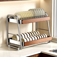 Étagère à vaisselle portable en acier inoxydable de style rétro, nouvelle conception chinoise, non pliable, à double niveau, avec panneaux latéraux en chêne pour le rangement des couteaux/baguettes