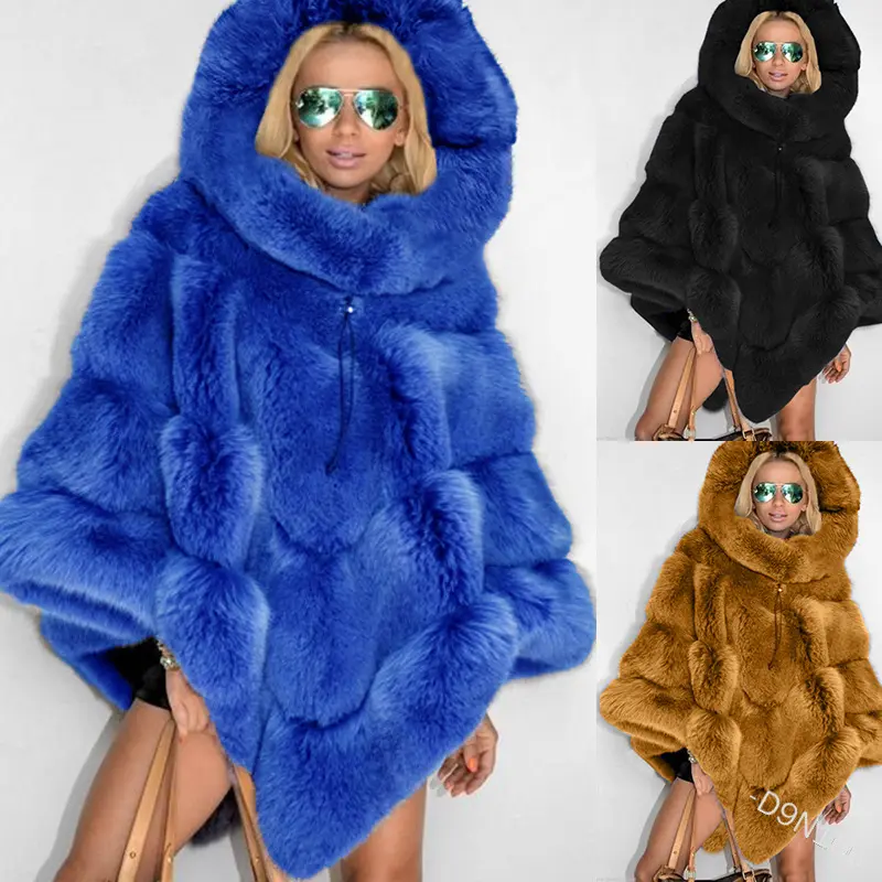 Poncho en fausse fourrure de renard pour femme, manteau surdimensionné, cape ouverte devant, patchwork, châle complet avec capuche