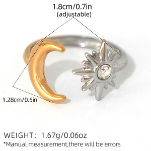 Edelstahl Goldfarben Stern Mond Offene Ringe für Frauen Minimalistischer Metall Zweifarbiger Verstellbarer Fingerring Schmuck Party Geschenk - Product Image 2