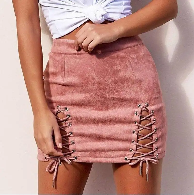 Sexy High Waist Ladies short Skirts Women Bandage Faux Suede Bodycon Split Vintage Mini Women's Skirts