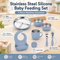 Ensemble d'alimentation pour bébé personnalisé avec logo, couvercle en silicone réutilisable, bol, assiette, cuillère et fourchette en acier inoxydable 304