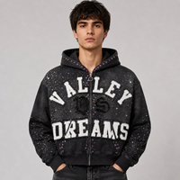 Sudadera con capucha extragrande y corte holgado, personalizada con pedrería, de 450 g/m² de alto gramaje, con bordado de apliques, negra, con lavado ácido y cremallera.