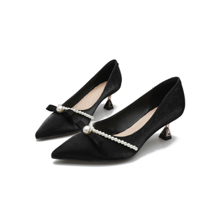 Zapatos de Tacón Medio Estrecho para Mujer, Estilo Francés, Punta en Pico, de Satén de Seda, Rojos, con Lazo de Perlas, para Boda, Novedad 2026 - Product Image 2