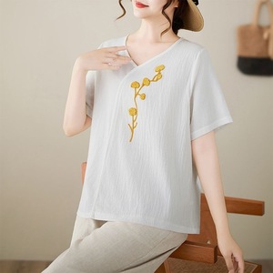 Cotton Linen Short Sleeve T-Shirt With Embroidery Loose Fit Women's Summer Top Yellow Orange Red White Purple Pink - Product Image 4