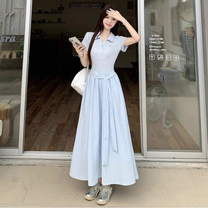 French Style Blue Fitted Waist Dress Women Polo Collar Tie Waist Long Dress Daily Casual Wear - Product Image 1