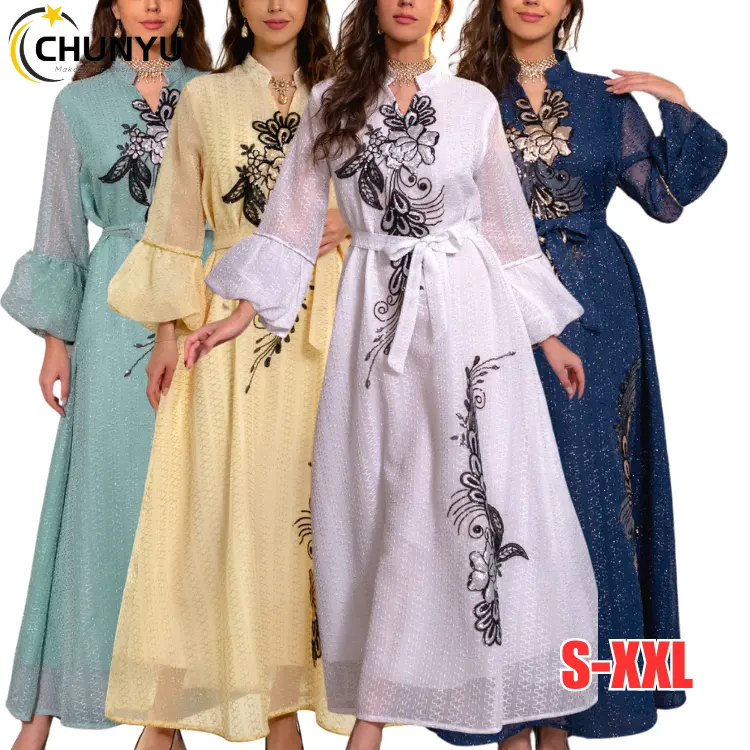 Kadınlar için Abayas müslüman uzun kollu şifon Abaya nakış aplike Maxi Kaftan elbiseler islam Dubai türk Robe